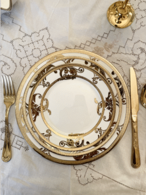 Ensemble de 36 Assiettes à Dîner Blanc et Or - Variation V