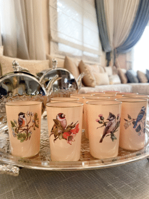 Ensemble de 12 Verres à Thé Marocains Beiges avec Illustrations Artistiques d'Oiseaux